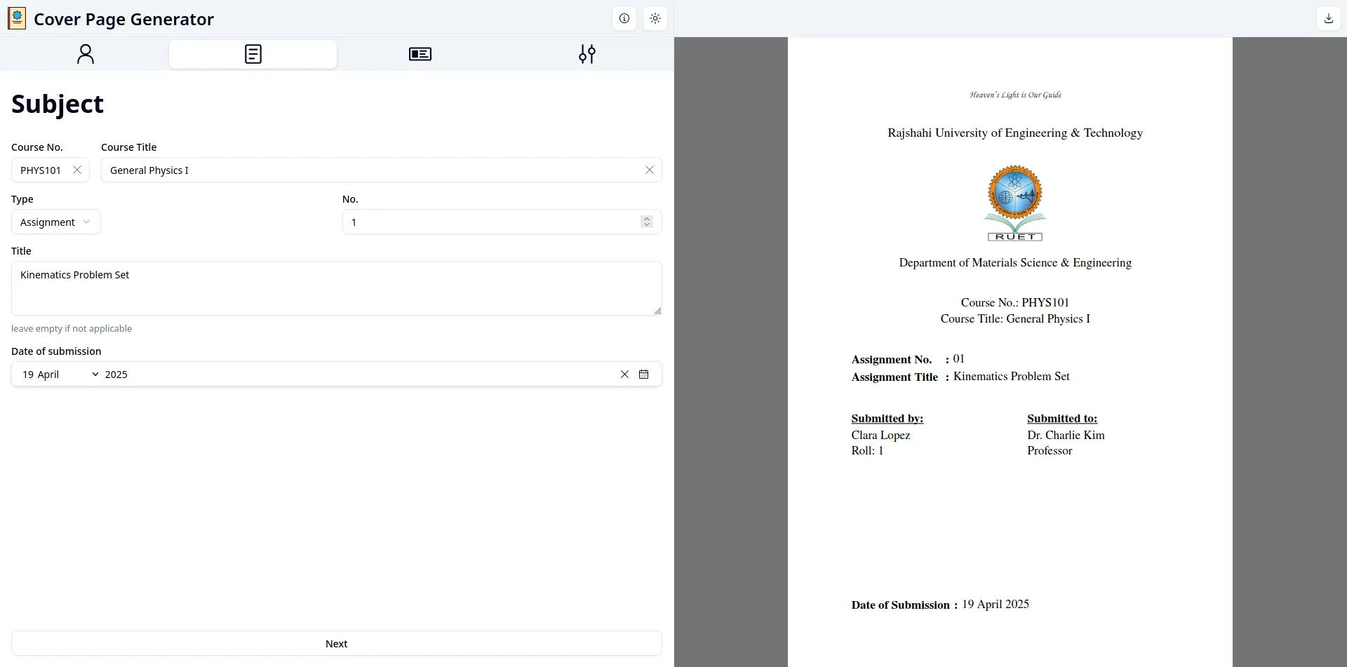 Ruet Cover Page Generator